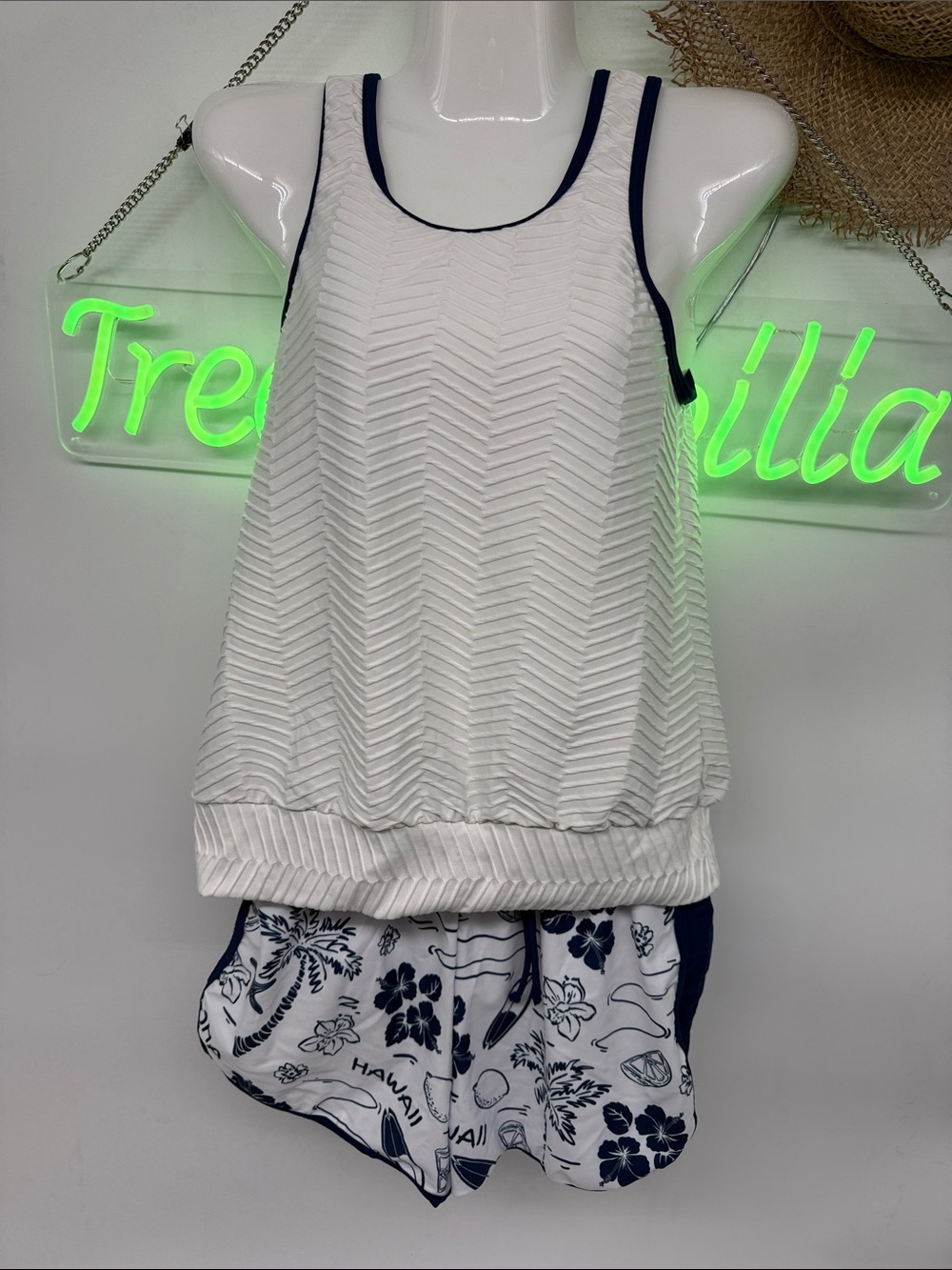 White Textured Tank with Navy Trim & Floral Shorts Hawaii aloha